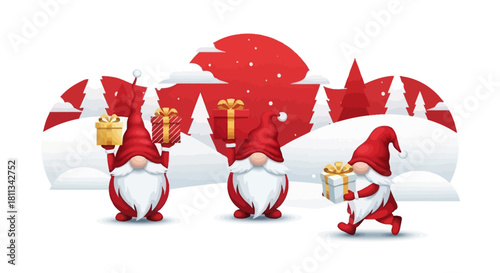 Three cute gnomes in red hats and white beards holding Christmas gifts in a snowy winter wonderland.