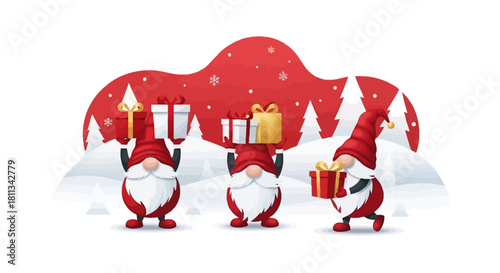 Three cheerful gnomes in red hats and white beards carrying gifts in a snowy winter landscape with red background and white trees.