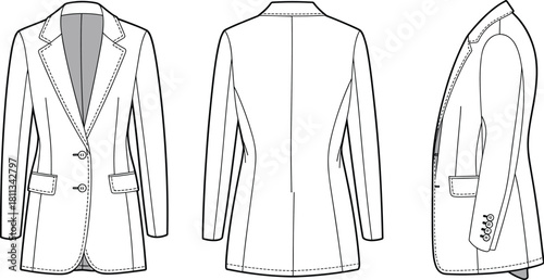 Women’s blazer technical flat illustration, sketch front, back and side view, formal jacket apparel design template with buttons and lapel collar for fashion industry