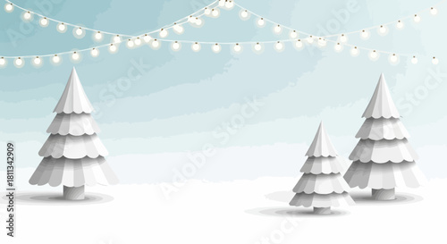 Winter Wonderland Snowy Scene with Christmas Trees and Festive String Lights Illustration