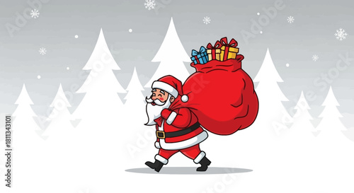 Santa Claus walking through a snowy forest carrying a large red sack filled with Christmas gifts.