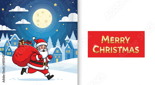 Christmas illustration featuring Santa Claus running with a sack of gifts and a Merry Christmas message.