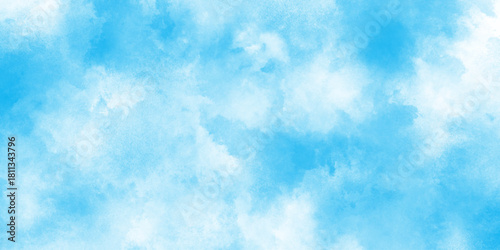  Abstract watercolor paint handmade illustration background, dusty blue classic with aged paint effect and minimal tonal variation, panorama of a bright blue sky adorned with fluffy white clouds.