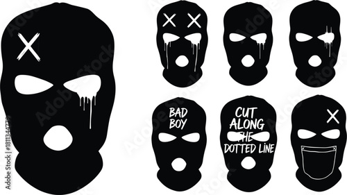 A collection of black ski mask designs with various inscriptions and styles, isolated on perfect for graphic design, prints, and creative projects