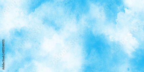  Abstract watercolor paint handmade illustration background, dusty blue classic with aged paint effect and minimal tonal variation, panorama of a bright blue sky adorned with fluffy white clouds.