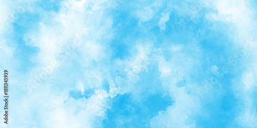  Abstract watercolor paint handmade illustration background, dusty blue classic with aged paint effect and minimal tonal variation, panorama of a bright blue sky adorned with fluffy white clouds.