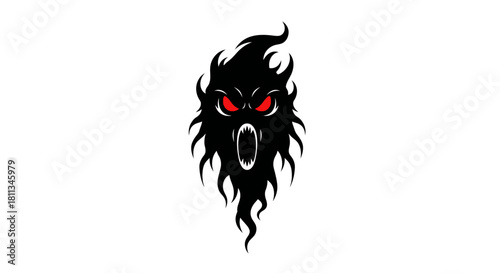A menacing black ghostly face with fiery red eyes and an open mouth, screaming or roaring, against a white background.