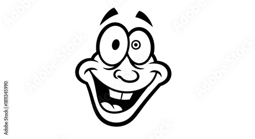 A black and white cartoon face with a wide, goofy smile and exaggerated, crazy eyes, expressing silliness or madness.