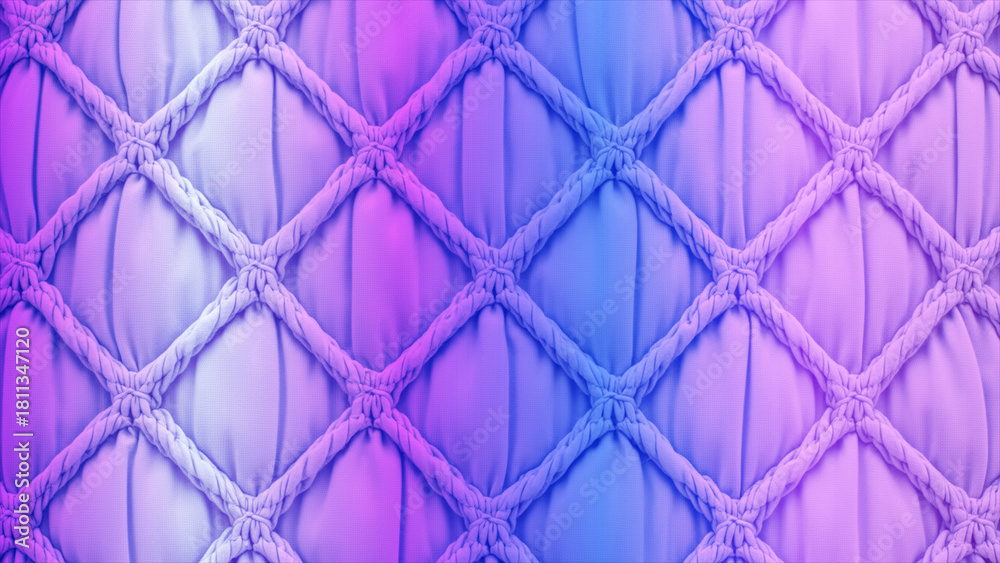 Fototapeta premium Lush quilted texture background featuring a vibrant gradient of purple, pink, and blue, creating a luxurious and modern design pattern
