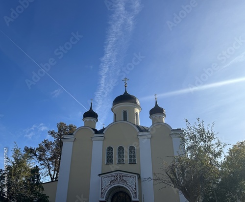 Photos Berlin Germany October 2025 Facade of yellow Orthodox style church with three on