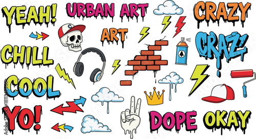Set of urban graffiti vector elements isolated on collection of street art design with lettering, skull, brick wall, crown and spray paint