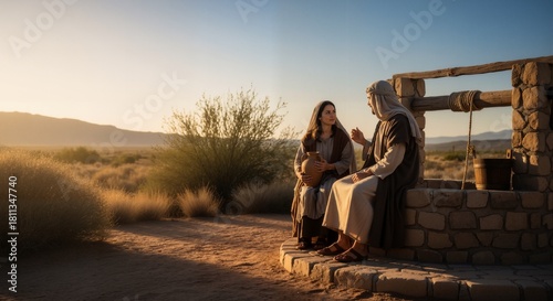Woman with pitcher listening to Jesus sitting by an ancient well in warm evening light