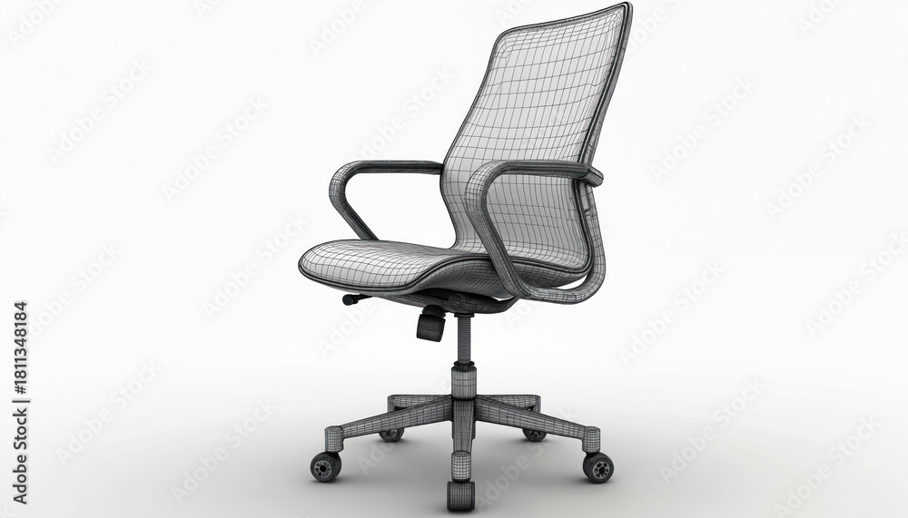 Fototapeta premium Wireframe office chair design. Modern ergonomic seat with adjustable height and wheels. Furniture concept for business or home workspace. Blueprint view of chair structure.