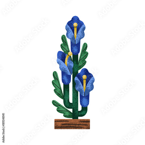 Flower, abstract creative floral plant. Blossoms and leaves, blooming summer branch in fantasy style. Botanical design element, garden nature. Flat vector illustration isolated on white background