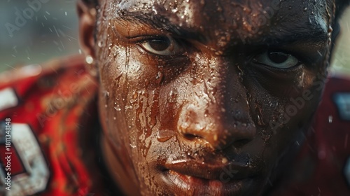 Close-up face football player wiping tears emotional loss moment