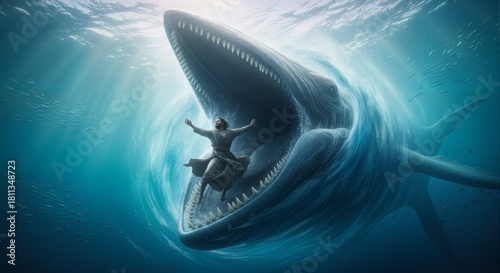 Wide angle view of Jonah inside the massive open jaws of a whale underwater