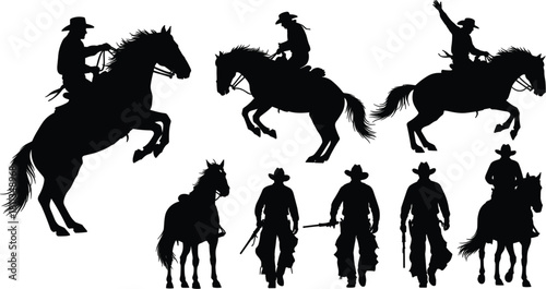 Wild west cowboy silhouette collection featuring rodeo riders on horses, cowboys walking, and horses isolated on vector illustration