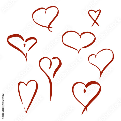 Doodle freehand hearts in flowing calligraphy style outline. Hand drawn in ink, vector single elements illustration. Romantic anniversary logo, love decor, wedding menu or birthday card DIY print