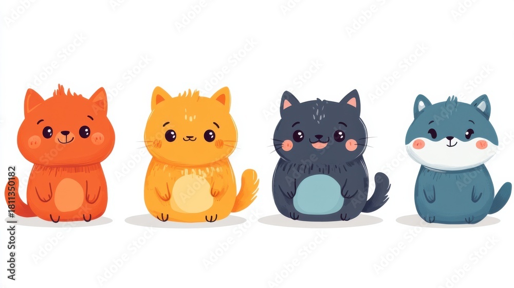 Naklejka premium cute cartoon animals set, flat vector illustration, smiling characters, colorful and lively style on white background