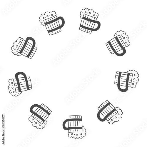 Beer Mug Circle Frame. Pub Tavern Bar Octoberfest Menu decoration. Round border with foaming beverage cup in playful doodle style. Vector illustration