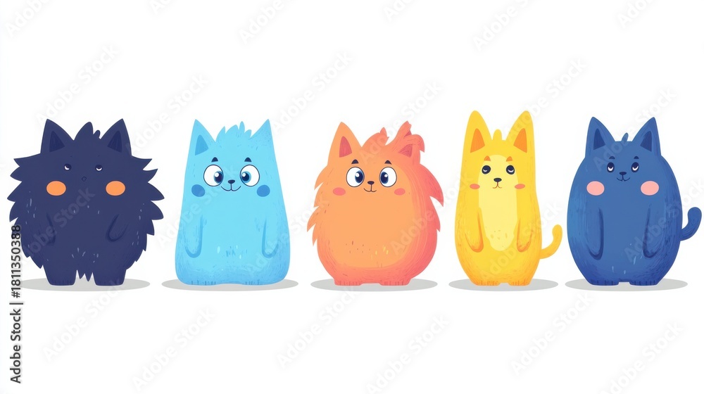 Fototapeta premium cute cartoon animals set, flat vector illustration, smiling characters, colorful and lively style on white background