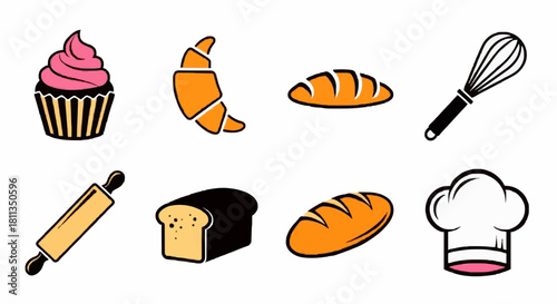 Line art illustration of baking elements: cupcake, croissant, bread loaf, whisk, rolling pin, sliced bread, baguette, and chef's hat.