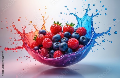 Red and blue liquid splashes surround bowl of fresh strawberries, blueberries, and raspberries. Berries fall, creating dynamic motion and vibrant colors in water.