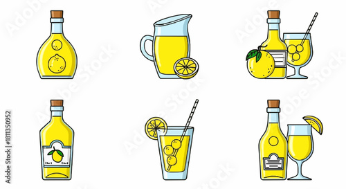 Collection of illustrated icons featuring various lemon-infused beverages and ingredients.