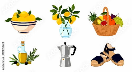 Various illustrations of Mediterranean summer essentials, featuring bowls of lemons, a fruit basket, olive oil, a coffee maker, and espadrille shoes on a white background.
