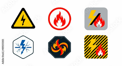 Collection of six different warning symbols depicting electricity, fire, and hazards.