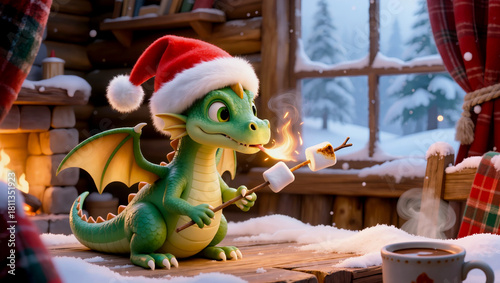 a small green dragon grilling his marshmallows with fire
