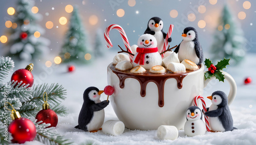 Penguins and a snowman stand on a mug of chocolate in a snowy landscape during the Christmas season.