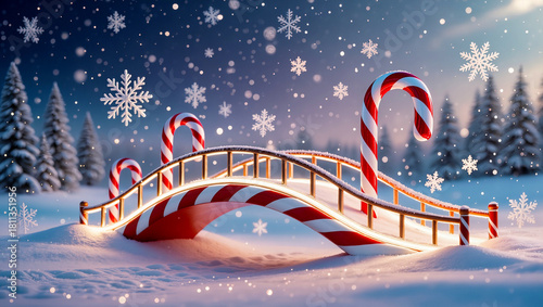 A candy cane bridge in a winter landscape