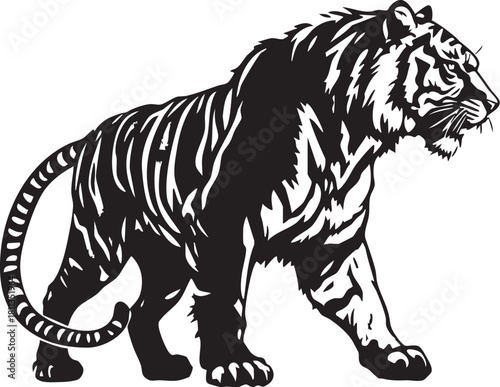 Proud Walking Tiger Stance Vector Illustration. Wild Cat Animal Black Silhouette Mascot, Power, and Strength Graphic.