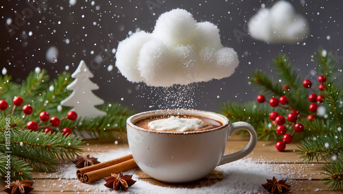 a cup with chocolate and a cloud of sugar being sprinkled into the cup