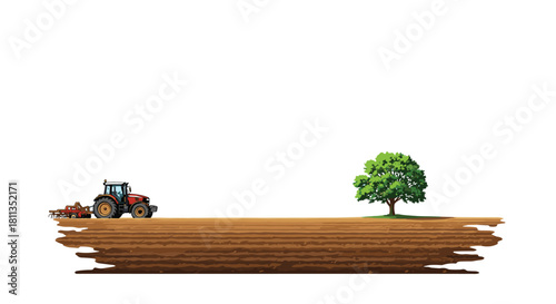 Tractor plowing field near lone tree conveys rural charm and agricultural strength, perfect for farming and countryside themed designs