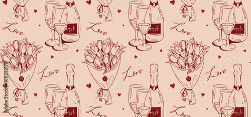 Seamless pattern. Bouquet of tulips and a bottle of champagne and glasses. Line art romantic print.