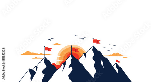 Determination and strategic direction represented by mountain peaks and flags in an upward trajectory toward success