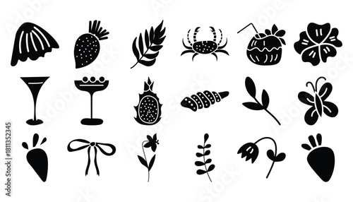 Collection of hand drawn black and white doodle icons representing nature and celebration