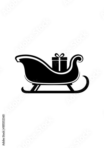 Black Christmas sleigh carrying a wrapped present flat illustration