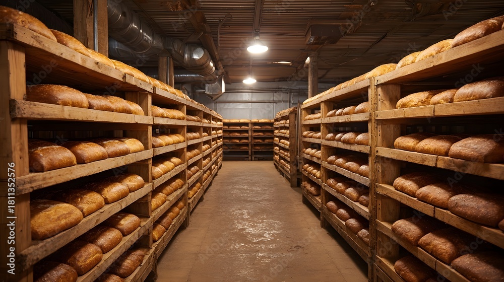 Fototapeta premium Abundance of freshly baked artisan bread loaves stacked on rustic wooden shelves in a vintage bakery
