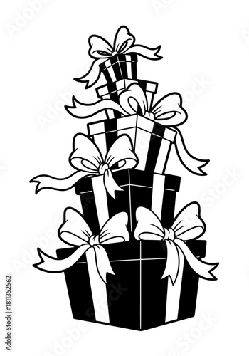 Vertical stack of gift boxes wrapped with bows monochrome outline flat illustration