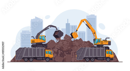 Dynamic recycling scene featuring heavy machinery and waste management trucks in an urban setting for modern environmental solutions projects