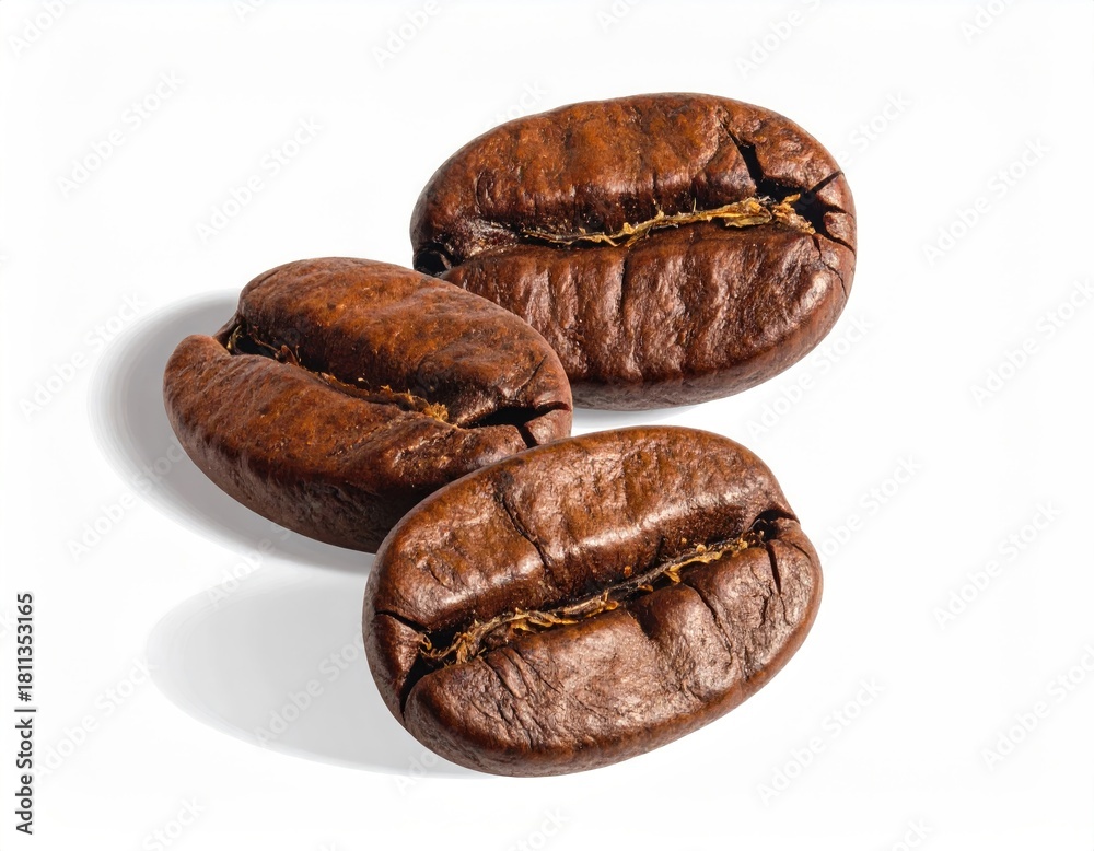 Obraz premium Three coffee beans on white. Light shadows visible