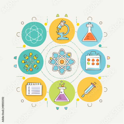 Flat lay of colorful science icons including atoms, test tubes, and lab equipment arranged in a circular pattern on a clean white background.
