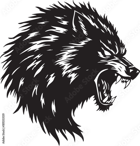 Angry Howling Wolf Head Profile Vector Illustration. Aggressive Wild Animal Snarling Black Silhouette Mascot Graphic.