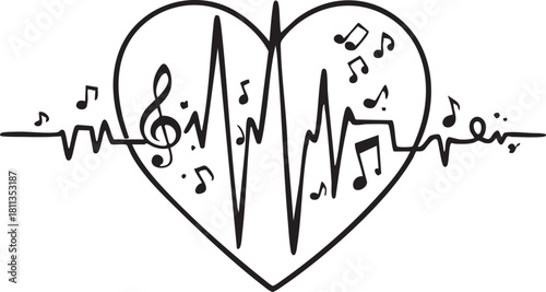 Music Heartbeat EKG Vector Illustration. Black and White Musical Notes, Treble Clef, and Rhythm Line Art Graphic.