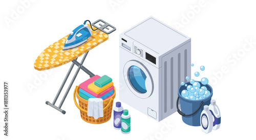 Laundry day essentials featuring modern washing machine, ironing board, fresh towels, and vibrant bubbles promising sparkling clean results