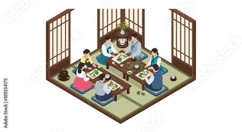 Beautiful Korean family gathering for traditional tea ceremony in elegant setting, sharing culture and heritage with love and connection