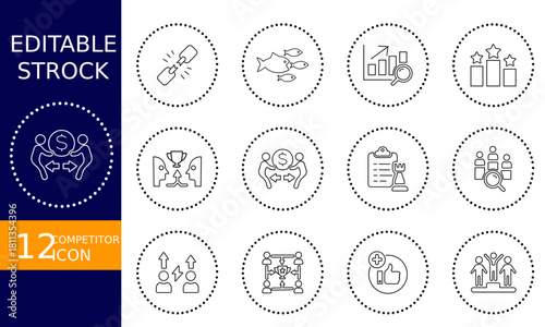 Editable stroke icons depicting diverse coverage, including global reach, market expansion, risk management, and strategic planning for business growth